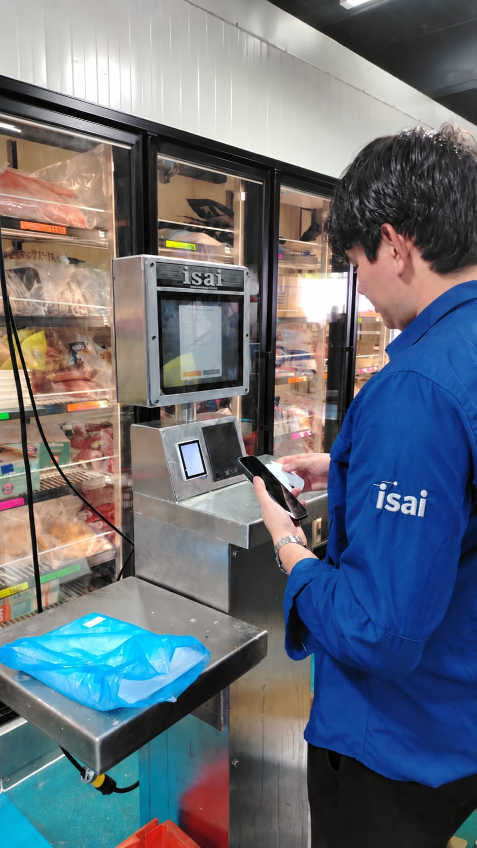Técnico de Grupo ISAI usando el kiosco de báscula con pantalla táctil frente a la cámara de refrigeración de una planta