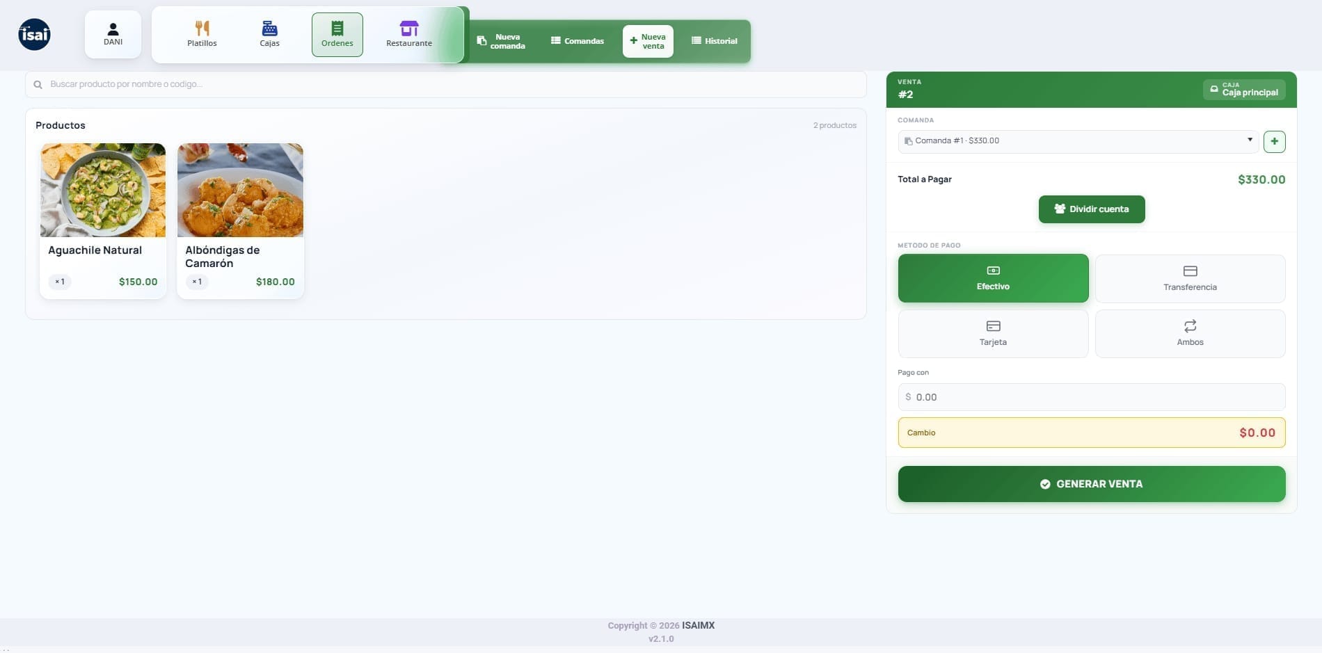 Pantalla de cobro mostrando métodos de pago en efectivo, transferencia, tarjeta o mixto, con cálculo de cambio